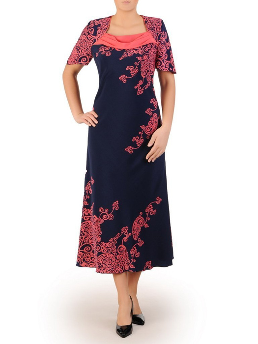 Granatowa sukienka z koralowym żakietem, modna kreacja na wesele 24087