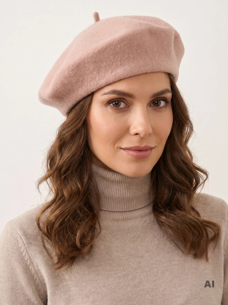 Elegancki beżowy beret damski z wełny merynosa – klasyczny fason francuski z antenką idealny do płaszcza 40878