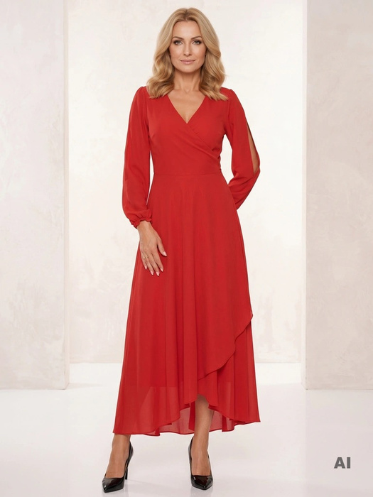 Elegancka czerwona sukienka rozkloszowana maxi – wiązanie w pasie wysmuklające talię 31236