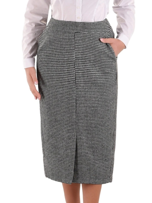 Elegancka spódnica midi w pepitkę na jesień – prosty fason z kobiecym rozcięciem 38665