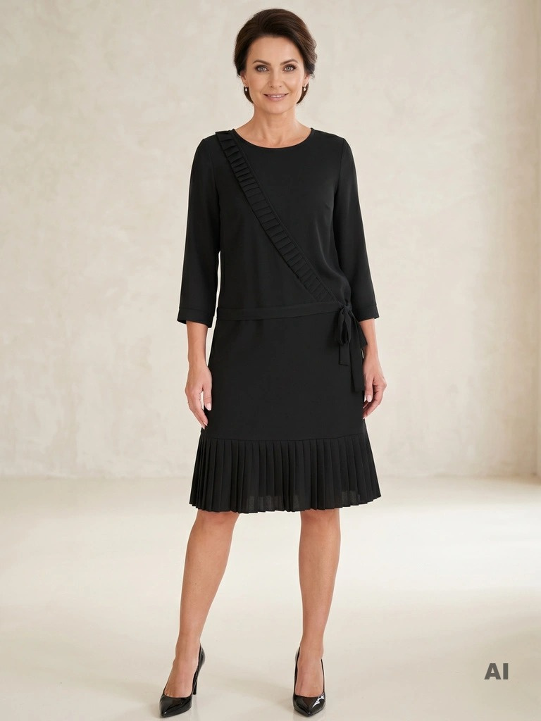 Czarna sukienka trapezowa midi z wiązaniem – elegancka kreacja maskująca biodra 36605