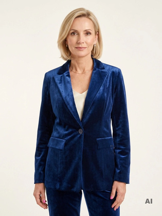 Klasyczny żakiet damski granatowy z ozdobnym kołnierzem – lekko wydłużony fason do biurowych stylizacji 41058