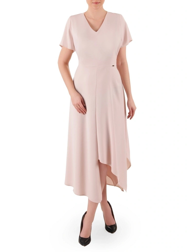 Elegancka sukienka rozkloszowana maxi w odcieniu beżu – wysmuklający krój z asymetrycznym dołem 39774