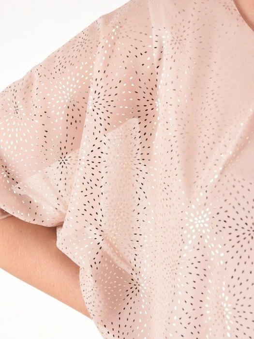 Ciemnobeżowa bluzka z okrągłym dekoltem i złotym zdobieniem – luźny fason z rękawami kimono 42058