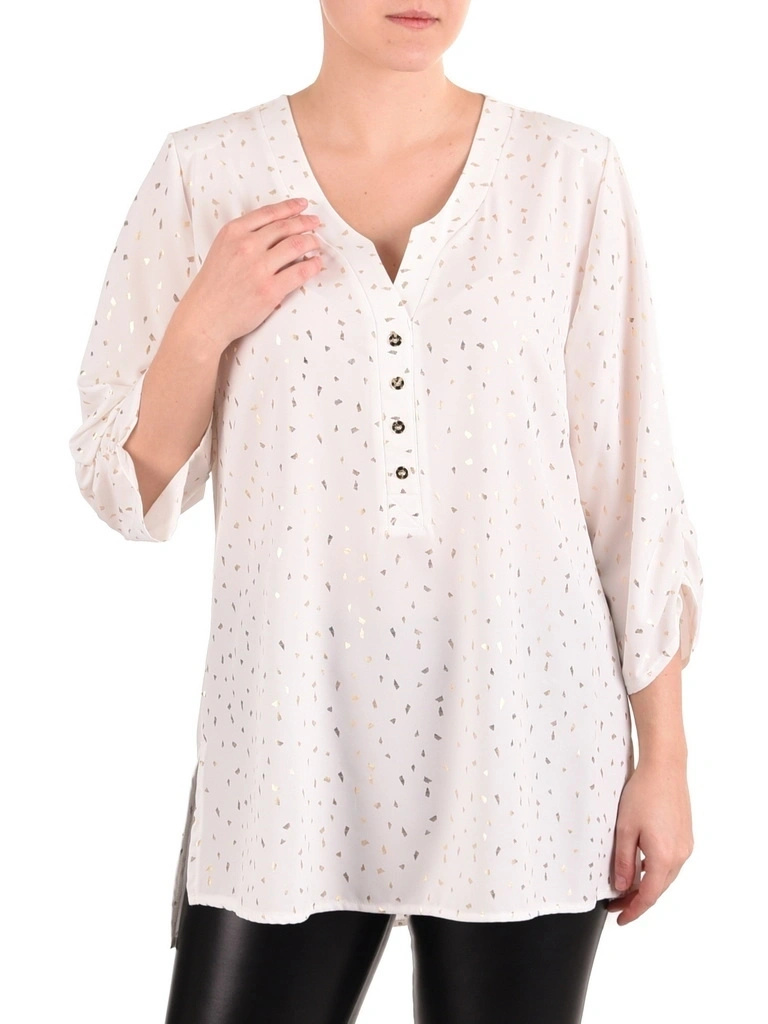 Elegancka bluzka wizytowa biała ze złotym motywem – prosty fason z ozdobnym dekoltem 41111