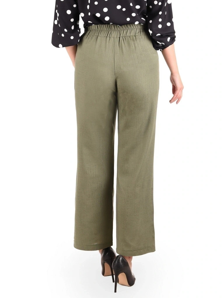 Eleganckie spodnie damskie khaki z prostą nogawką – elastyczny pas na gumce i wysmuklający fason 42004