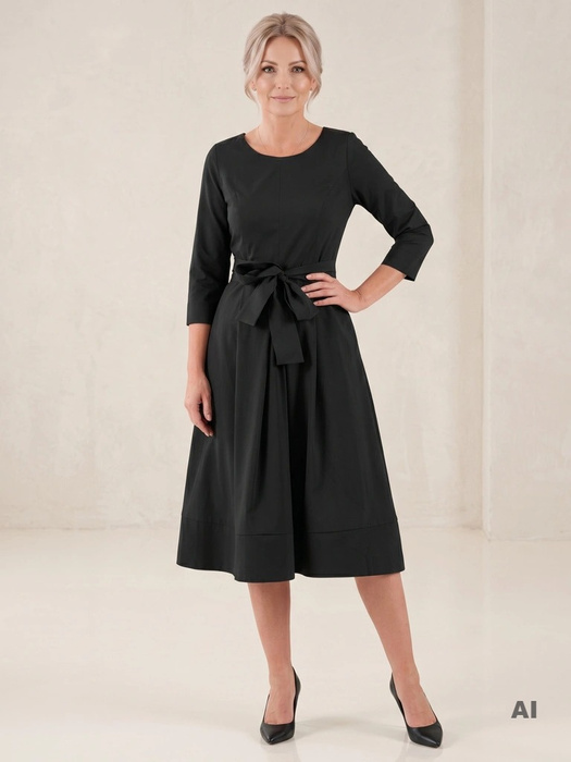 Elegancka czarna sukienka rozkloszowana midi – modelujący sylwetkę krój z rękawem 3/4 38494