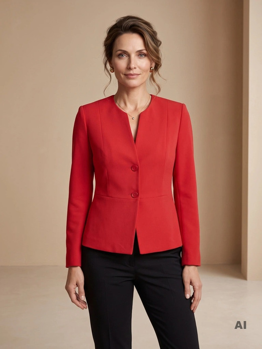 Czerwona marynarka damska o prostym kroju do sukienki – optycznie wysmuklające zaszewki 19028