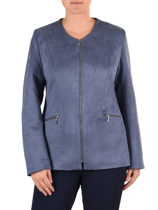 Elegancki żakiet damski do sukienki o prostym kroju – modny fason na zamek w odcieniu jeans 42136
