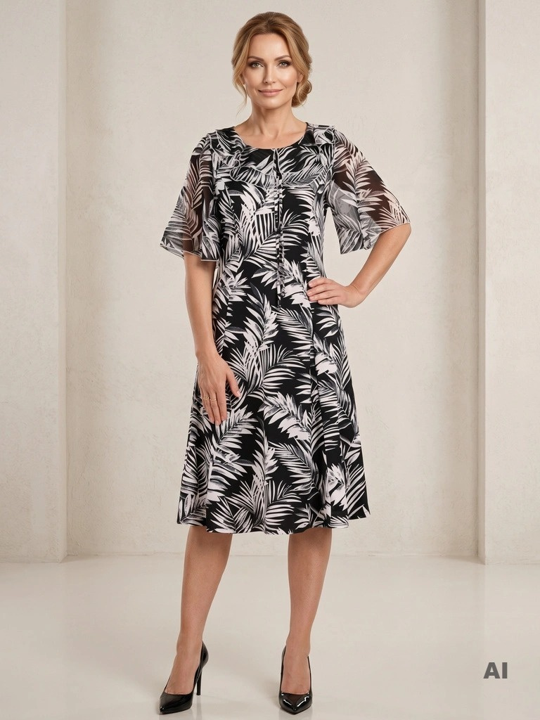 Czarna rozkloszowana sukienka midi w liście – elegancki fason z wiązaniem przy dekolcie 35965