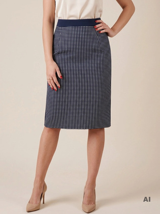 Elegancka spódnica midi w groszki na jesień – prosty, granatowy fason z rozcięciem 35538