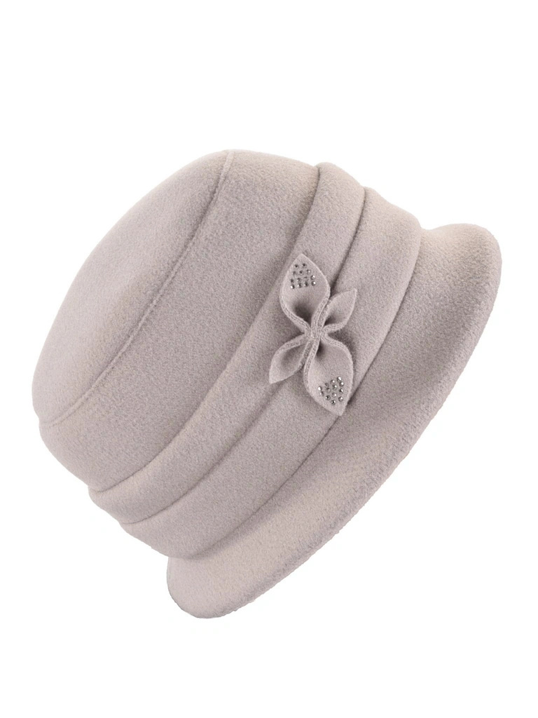 Elegancki kapelusz damski cloche w kolorze szarym – ocieplany fason z regulacją obwodu i cyrkoniami 40907