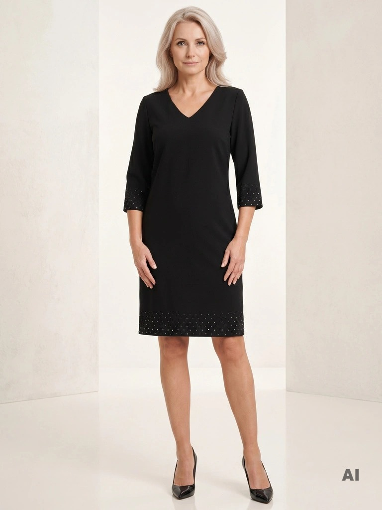 Czarna prosta sukienka midi z dekoltem serek – połyskujące dżety na rękawach dodające elegancji 24276