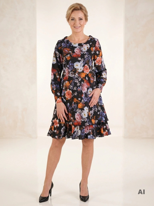 Wizytowa sukienka trapezowa w kolorowe kwiaty – luźny fason tuszujący biodra z falbaną 24572