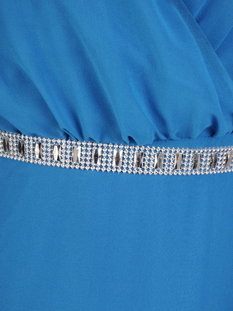 Elegancka suknia wieczorowa maxi w odcieniu morskim – kopertowy fason z bufiastym rękawem 30707