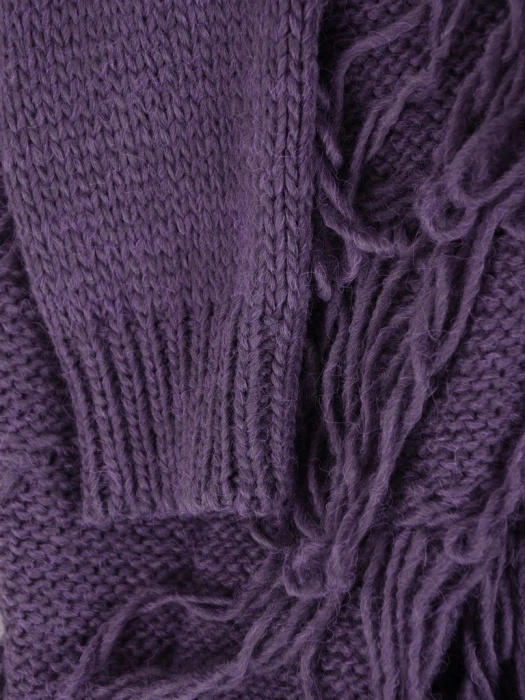 Elegancki sweter damski rozpinany w kolorze fioletowym – luźny fason z modnymi frędzlami 40461
