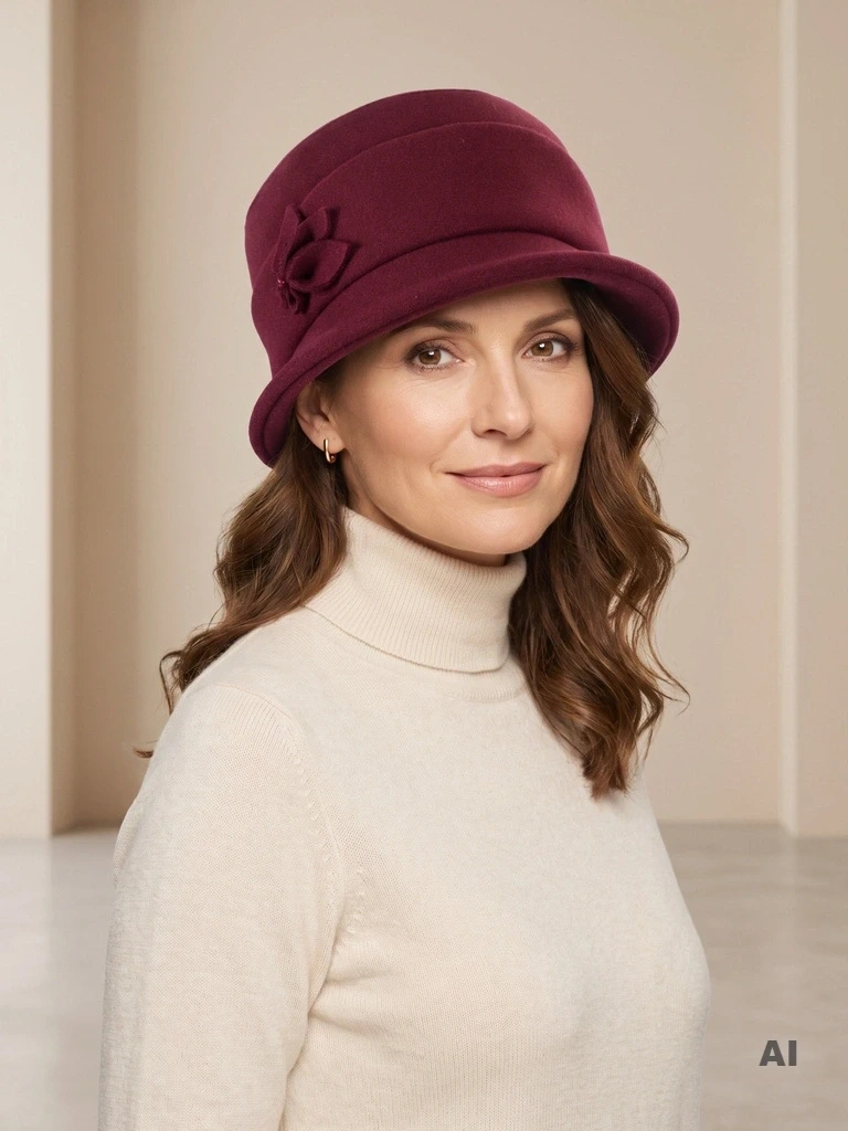 Buraczkowy kapelusz damski cloche – ocieplany model z ozdobną wstawką 42414