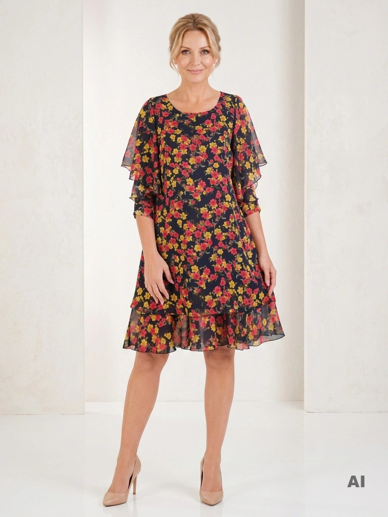 Elegancka sukienka trapezowa midi w kwiaty – kobiecy krój wysmuklający sylwetkę 32970