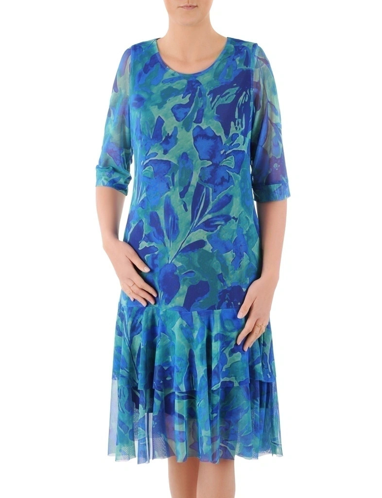 Elegancka sukienka trapezowa midi w zielono-granatowy print – fason tuszujący biodra z mankietami 38365