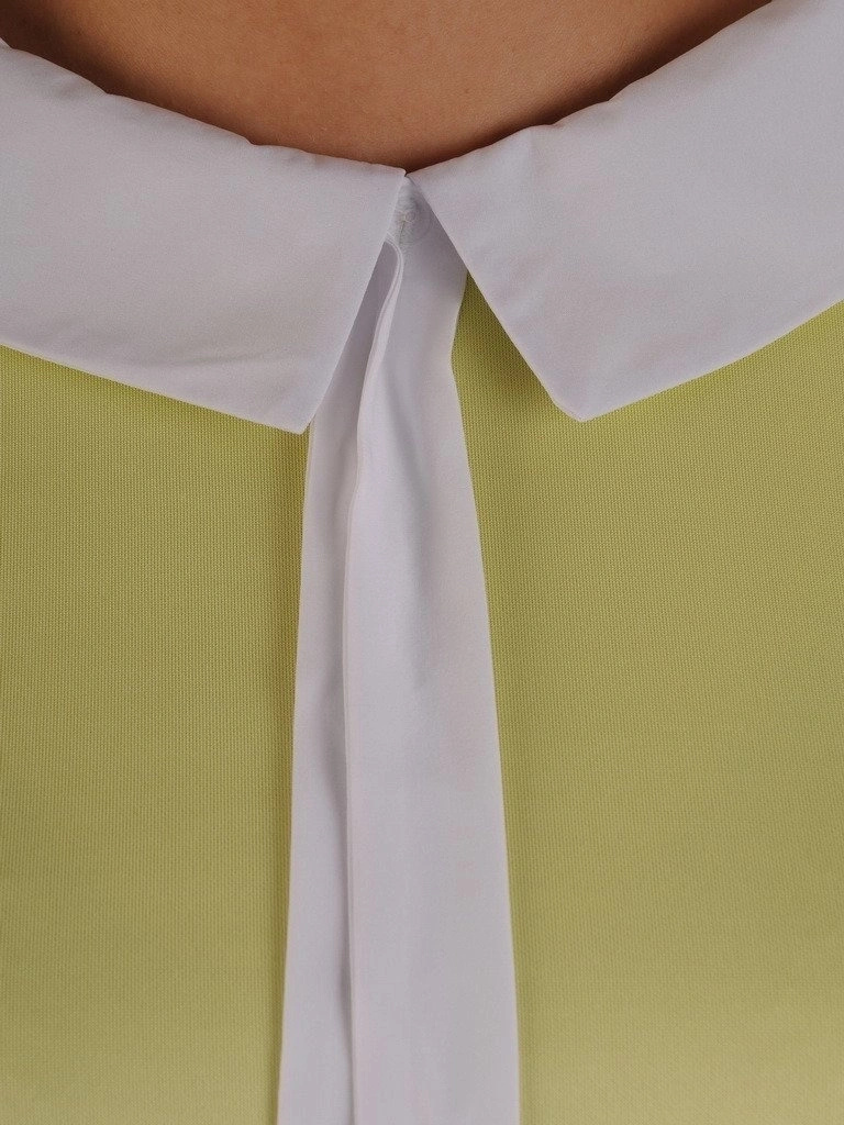 Elegancka żółta sukienka trapezowa midi – stylowy krój z kontrastowym kołnierzykiem 9942