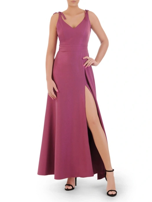 Fioletowa suknia balowa maxi na studniówkę i sylwestra – rozkloszowany krój z brokatowym blaskiem 33289
