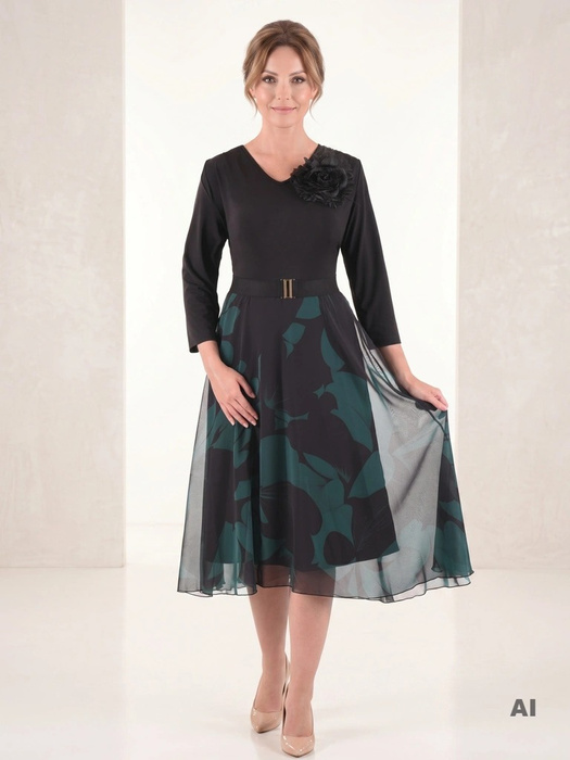 Elegancka czarno-zielona sukienka rozkloszowana midi – wysmuklający dekolt V i odpinany kwiat 40368