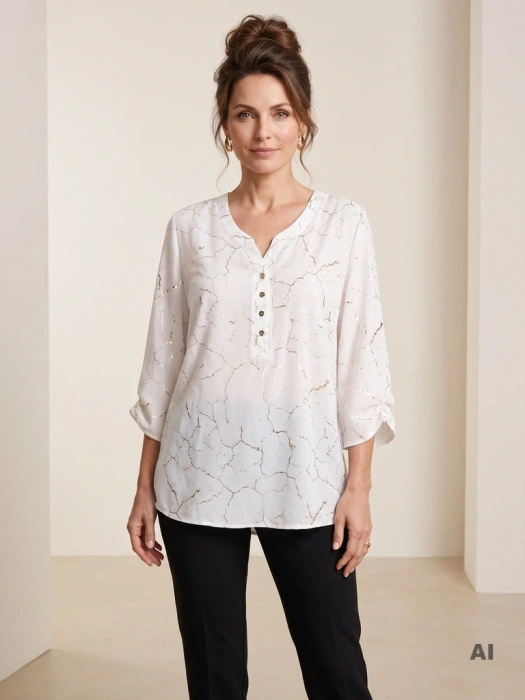 Elegancka bluzka plus size w odcieniach ecru o prostym fasonie – z dekoltem V i modnym złotym wzorem 41091