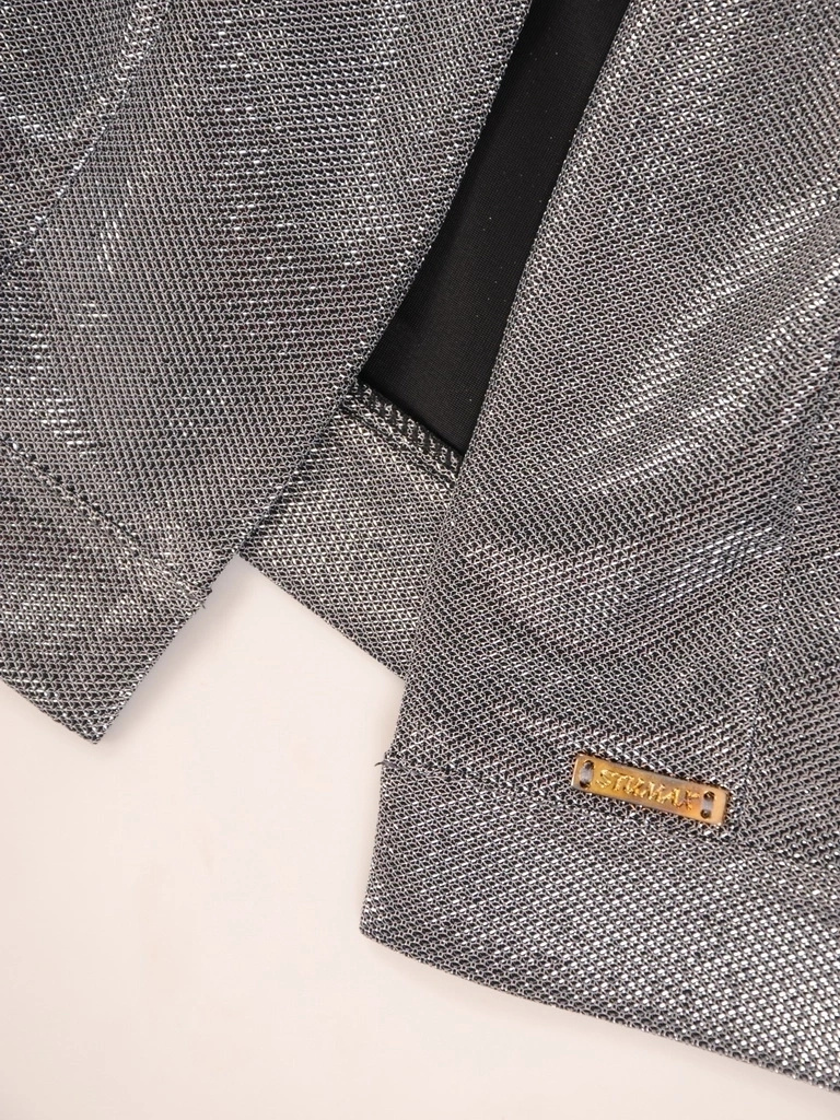Elegancki żakiet damski do sukienki na wesele srebrny – prosty fason z rękawem 3/4 31116