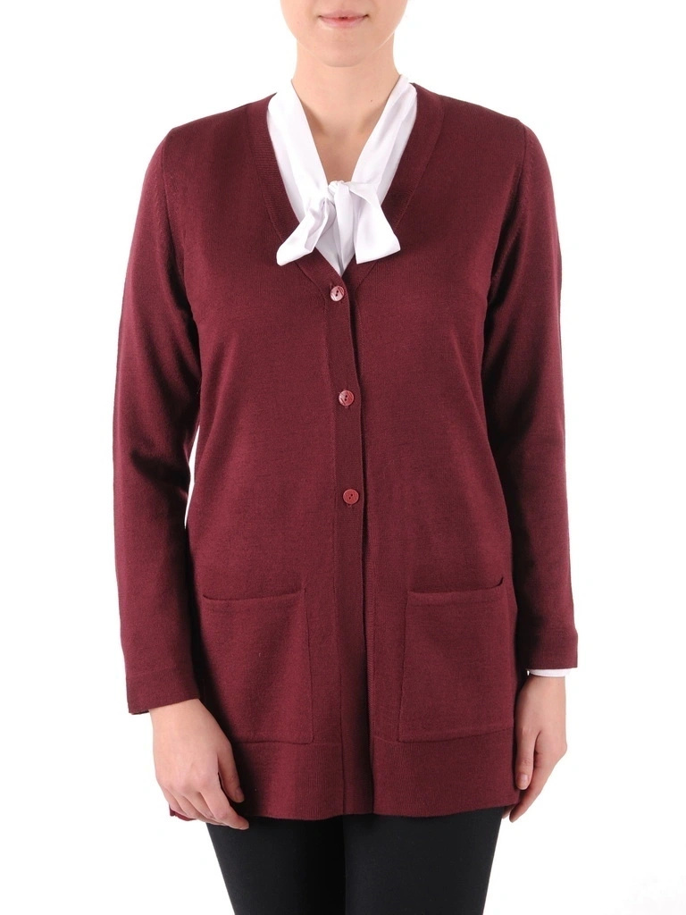 Bordowy sweter damski rozpinany o prostym kroju – elegancki model z kieszeniami i dekoltem w serek 38970