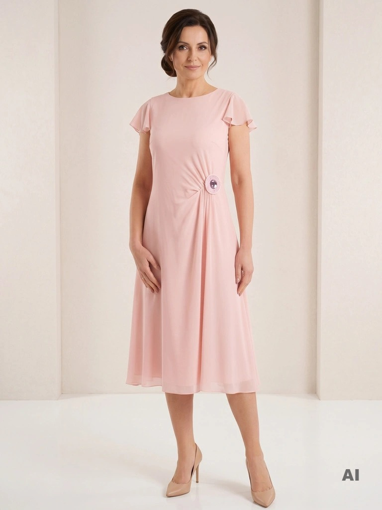 Elegancka pudrowo-różowa sukienka rozkloszowana – zwiewna kreacja midi z ozdobną broszką na przyjęcia 33557