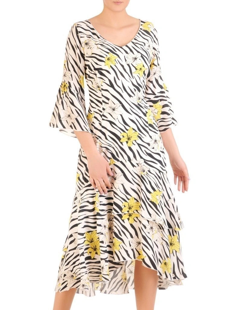 Elegancka sukienka midi w zwierzęcy print – asymetryczny fason syrenki pięknie podkreślający figurę 29517