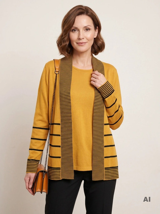 Elegancki bliźniak plus size musztardowy w czarne paski – modelujący sylwetkę do biura i na co dzień 38677