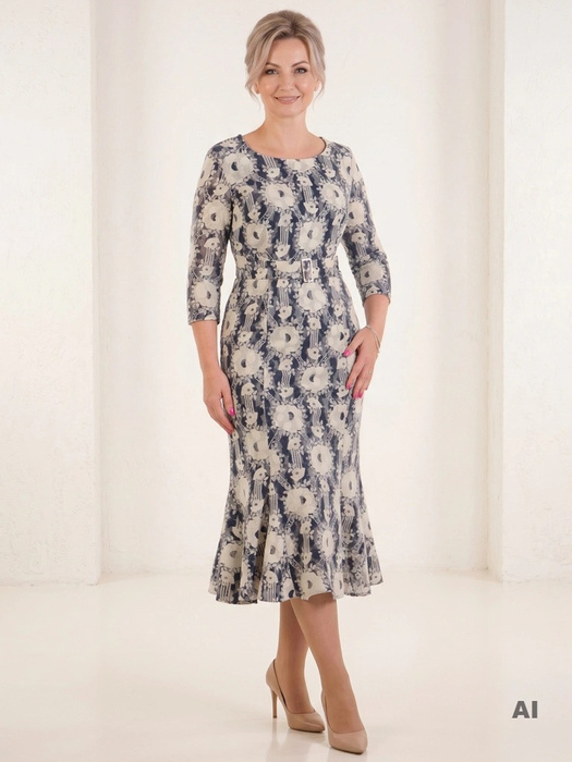 Wizytowa sukienka midi w kwiaty o fasonie syrenki z rękawem 3/4 – kobiecy model z paskiem modelujący figurę 33867