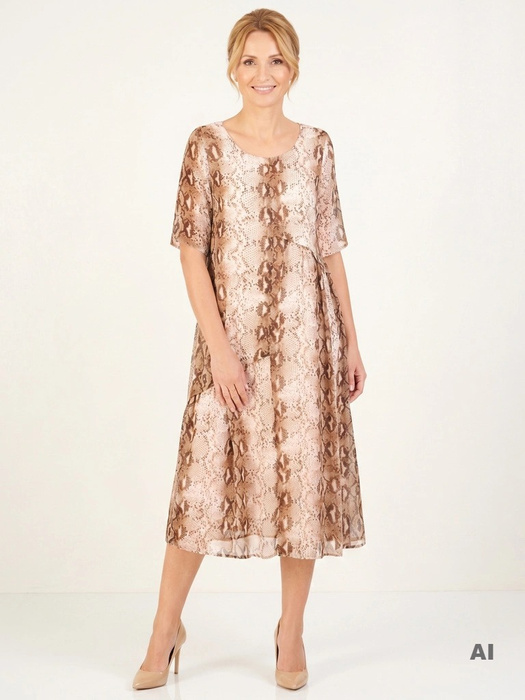 Elegancka sukienka damska trapezowa w zwierzęcy print – fason midi tuszujący biodra 30674