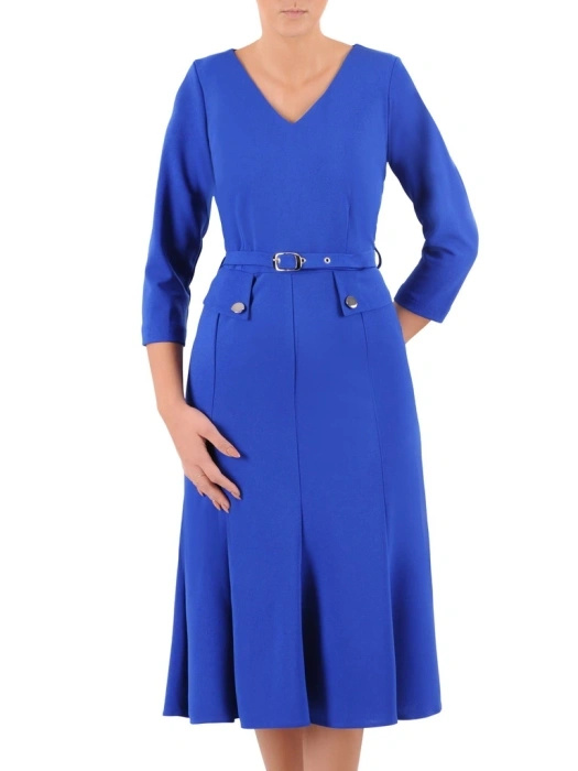 Chabrowa kreacja midi o fasonie syrenki z paskiem – elegancko akcentowana talia 37159
