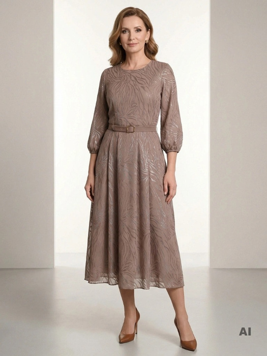 Elegancka beżowa sukienka rozkloszowana maxi – kobiecy plisowany dół i pasek modelujący talię 41578