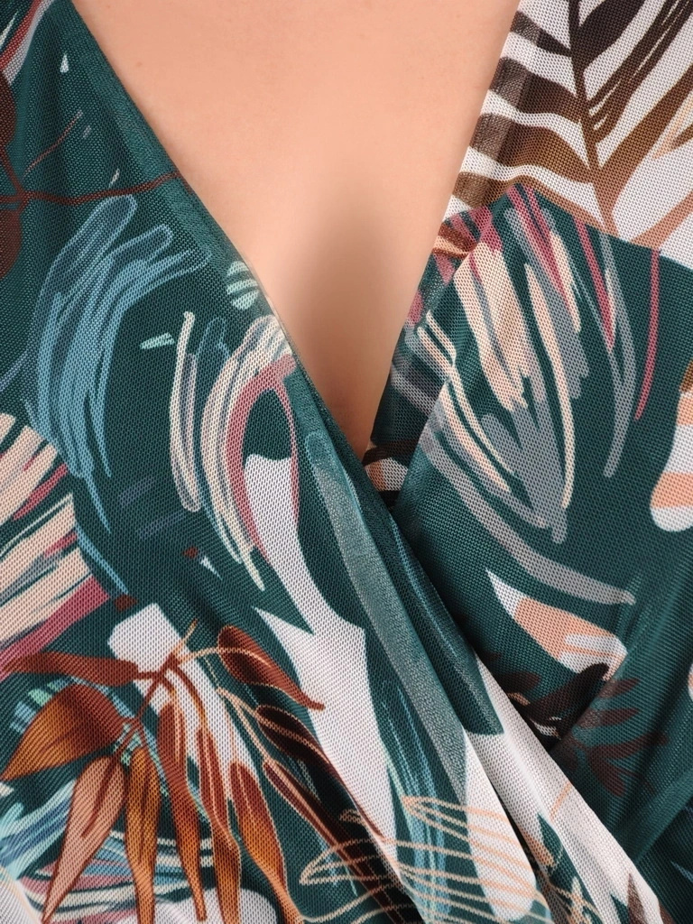 Rozkloszowana sukienka maxi w liście butelkowa zieleń – elastyczna gumka w pasie modelująca sylwetkę 37084