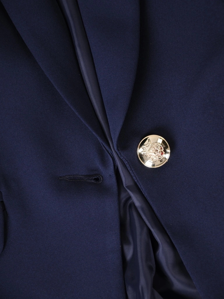 Elegancka granatowa marynarka damska do sukienki – prosty krój z klasycznymi klapami 39211