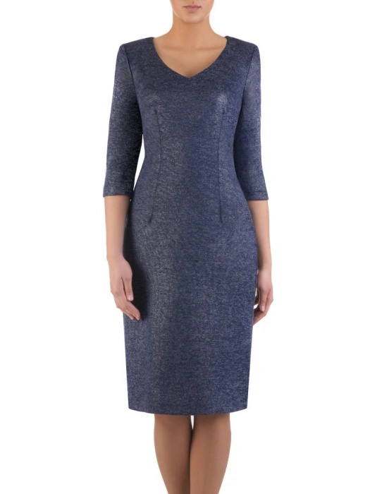 Granatowa sukienka koktajlowa z dekoltem serek – wyszczuplające przeszycia i delikatny błysk 13545