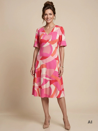 Różowa sukienka midi w letni wzór z dekoltem serek – rozkloszowany fason wysmuklający sylwetkę 41654