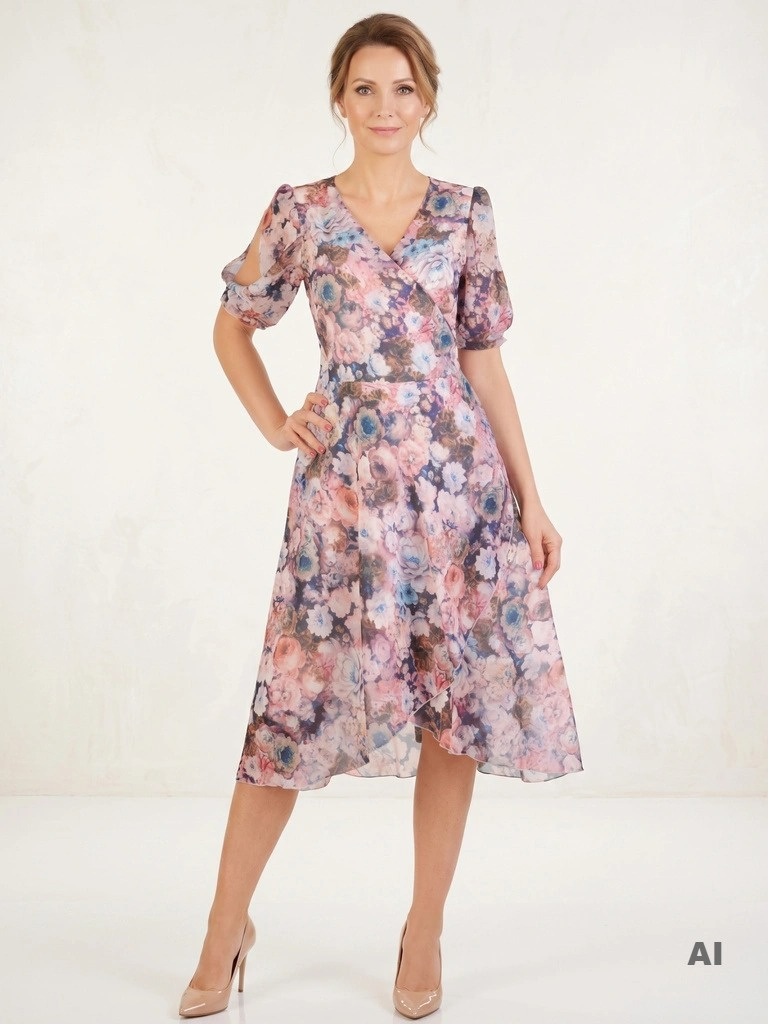 Elegancka sukienka wizytowa midi w kwiaty – rozkloszowany fason z bufiastym rękawem 28988