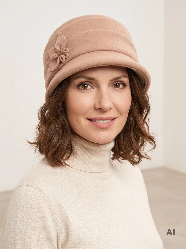 Elegancki kapelusz damski zimowy cloche beżowy – ciepły model z regulowanym obwodem 42426