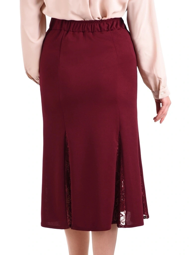 Elegancka bordowa spódnica trapezowa midi – elastyczny pas wysmuklający biodra i koronka 41616