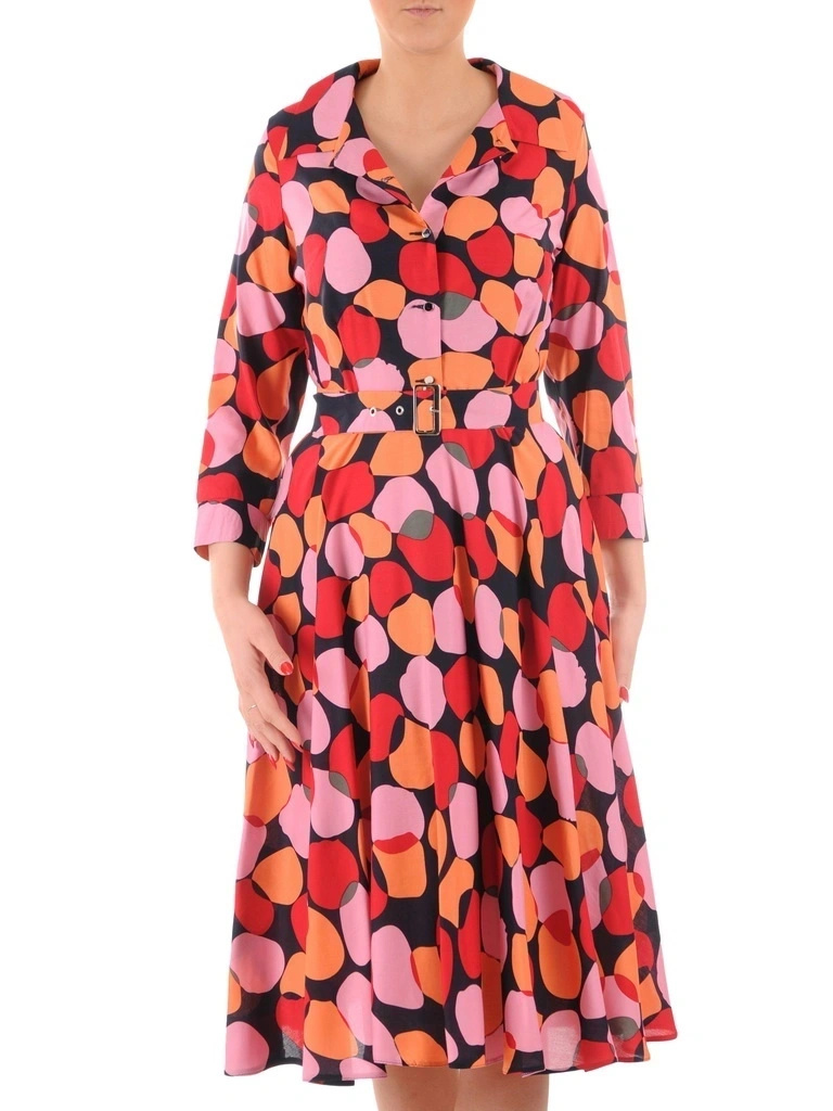 Czerwona sukienka rozkloszowana midi w print – modelujący pasek i rękaw 3/4 35312