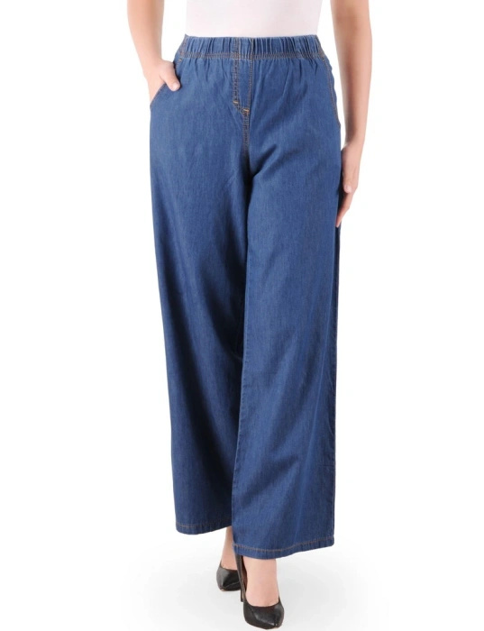 Granatowe klasyczne spodnie wide leg z gumką w pasie – elegancko modelujące sylwetkę na co dzień 38261