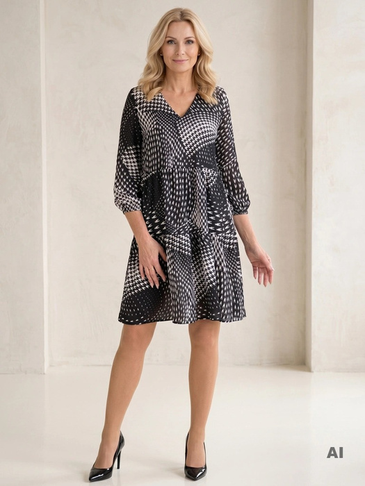 Elegancka sukienka trapezowa midi w biały wzór – kobiecy krój z rękawem 3/4 27826