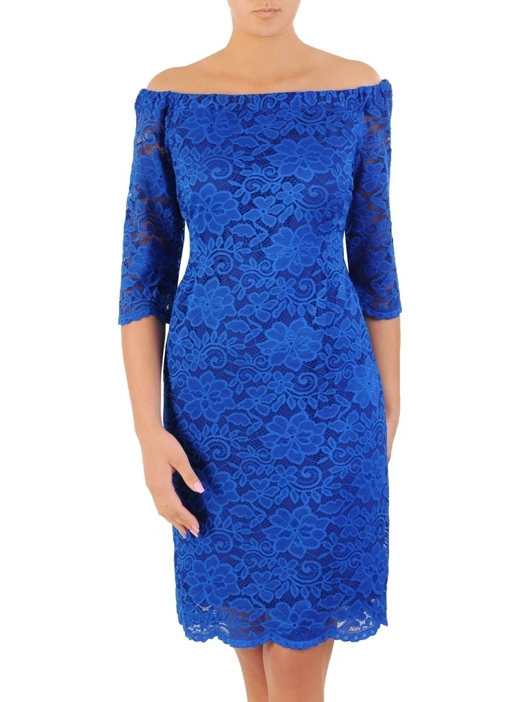 Chabrowa sukienka w kwiaty o prostym kroju – elegancka kreacja midi z dekoltem łódka 32730