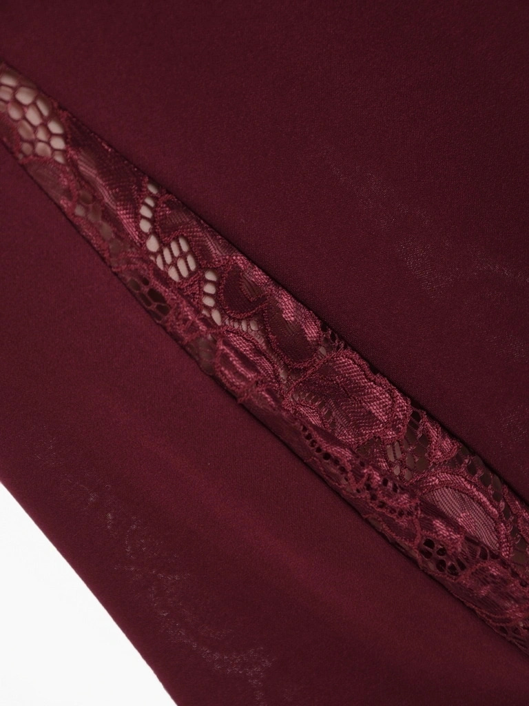 Elegancka bordowa spódnica trapezowa midi – elastyczny pas wysmuklający biodra i koronka 41616