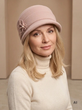 Jasnobeżowy kapelusz damski cloche – ocieplany model z ozdobną wstawką 42428