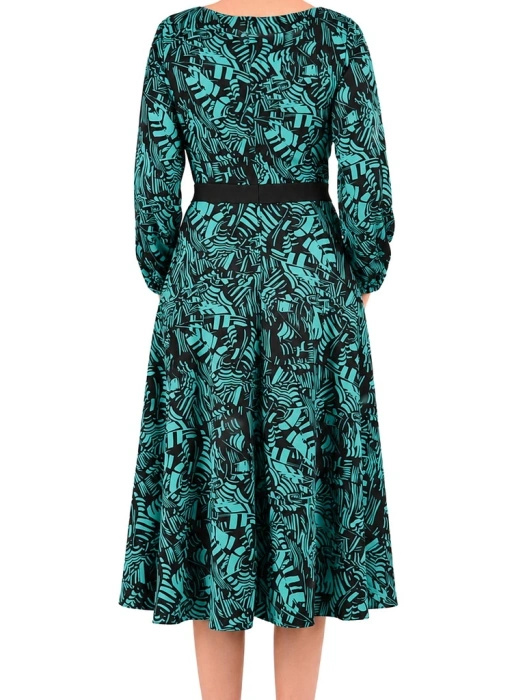 Elegancka sukienka rozkloszowana w zielony wzór – modelujący krój z długim rękawem 42530